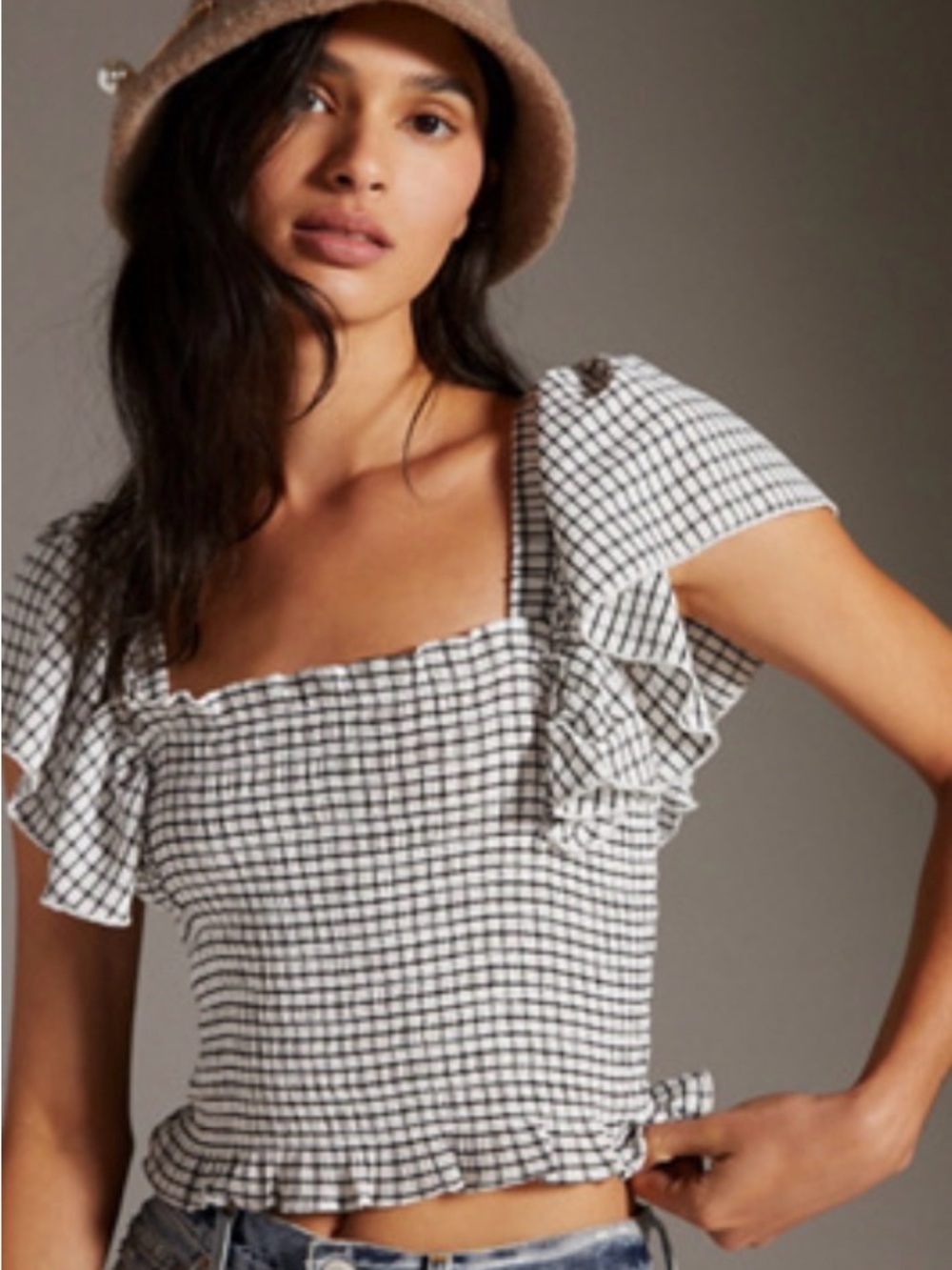 Maeve Blue & White Gingham Smocked Crop Top